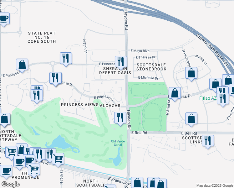 map of restaurants, bars, coffee shops, grocery stores, and more near 7900 East Princess Drive in Scottsdale