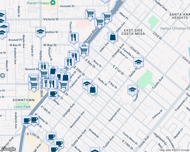 map of restaurants, bars, coffee shops, grocery stores, and more near 2019 Orange Avenue in Costa Mesa