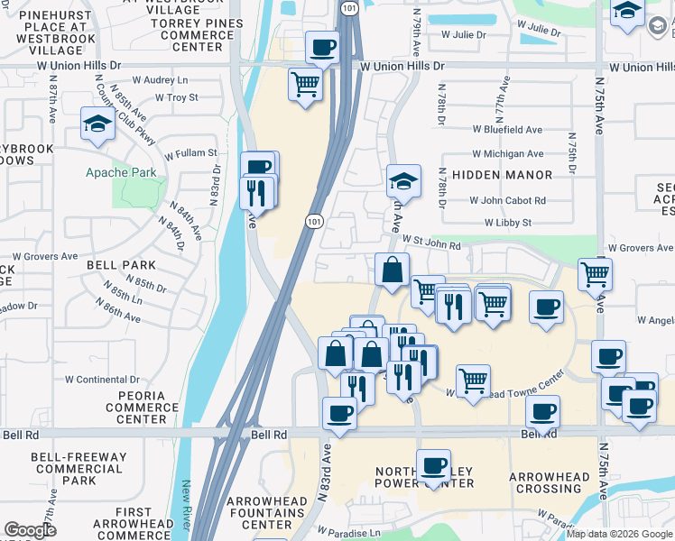 map of restaurants, bars, coffee shops, grocery stores, and more near 17600 North 79th Avenue in Glendale