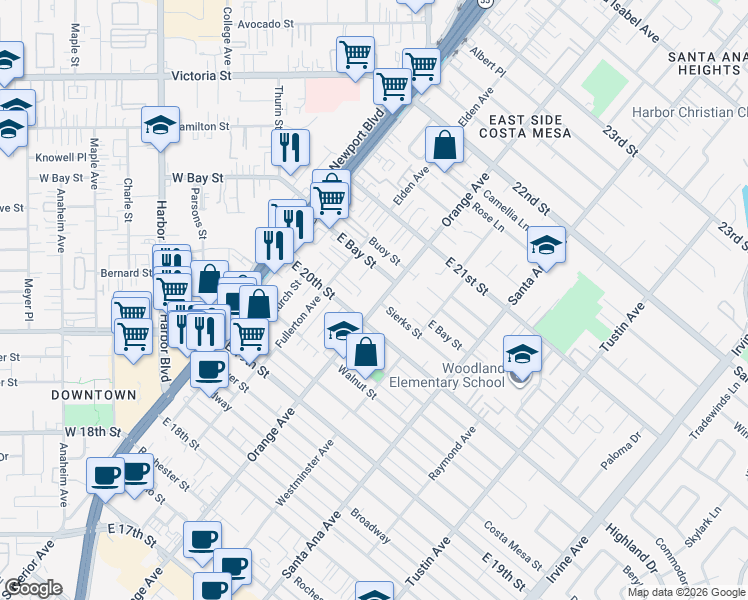map of restaurants, bars, coffee shops, grocery stores, and more near 2019 Orange Avenue in Costa Mesa
