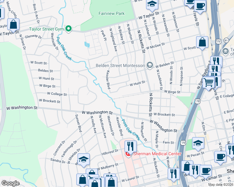 map of restaurants, bars, coffee shops, grocery stores, and more near 1211 1213 Hunt Street in Sherman