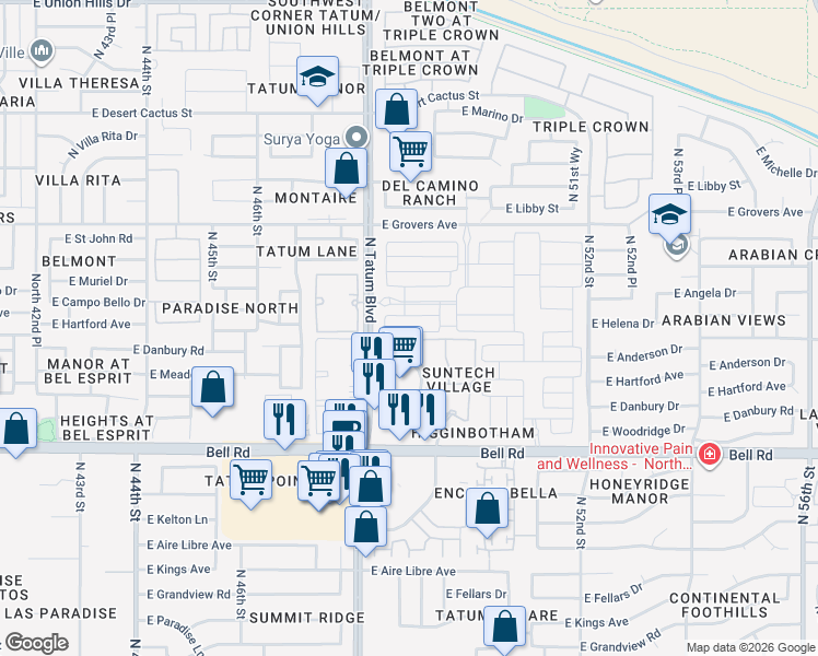 map of restaurants, bars, coffee shops, grocery stores, and more near 17249 North Tatum Boulevard in Phoenix