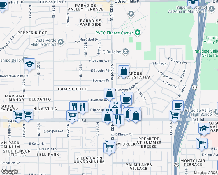 map of restaurants, bars, coffee shops, grocery stores, and more near 4 North 32nd Street in Phoenix
