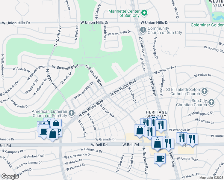 map of restaurants, bars, coffee shops, grocery stores, and more near 10317 West Highwood Lane in Sun City