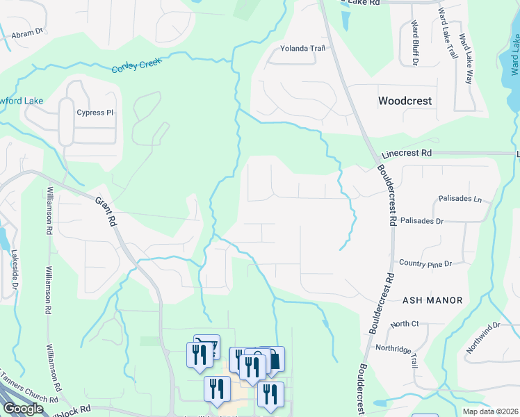 map of restaurants, bars, coffee shops, grocery stores, and more near 4025 Old Ivy Court in Ellenwood