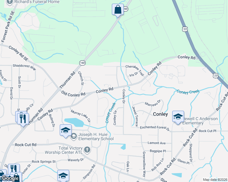 map of restaurants, bars, coffee shops, grocery stores, and more near 1446 Conley Road in Conley