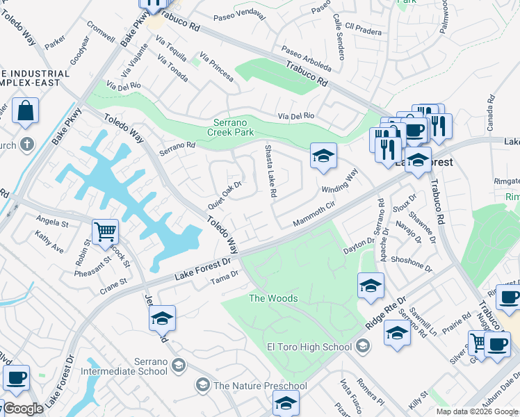 map of restaurants, bars, coffee shops, grocery stores, and more near 21934 Lakeland Avenue in Lake Forest