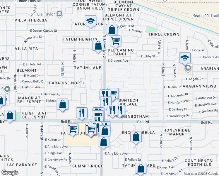 map of restaurants, bars, coffee shops, grocery stores, and more near 17249 North Tatum Boulevard in Phoenix