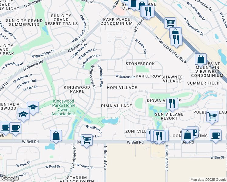 map of restaurants, bars, coffee shops, grocery stores, and more near 14637 West Bison Path in Surprise
