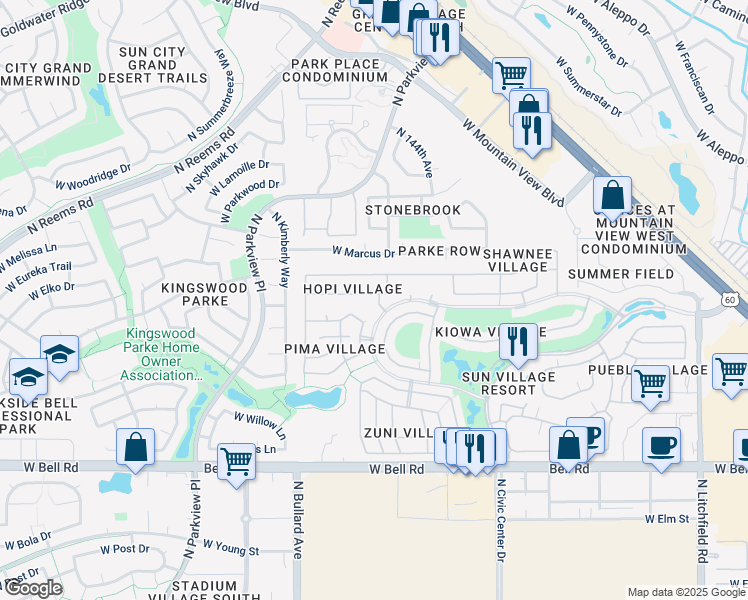 map of restaurants, bars, coffee shops, grocery stores, and more near 14566 West Bison Path in Surprise