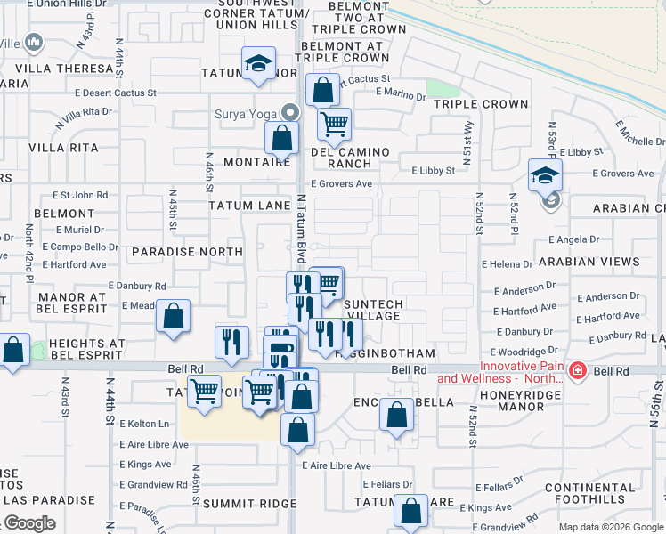 map of restaurants, bars, coffee shops, grocery stores, and more near 17249 North Tatum Boulevard in Phoenix
