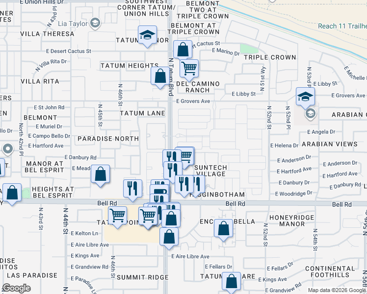 map of restaurants, bars, coffee shops, grocery stores, and more near 17249 North Tatum Boulevard in Phoenix