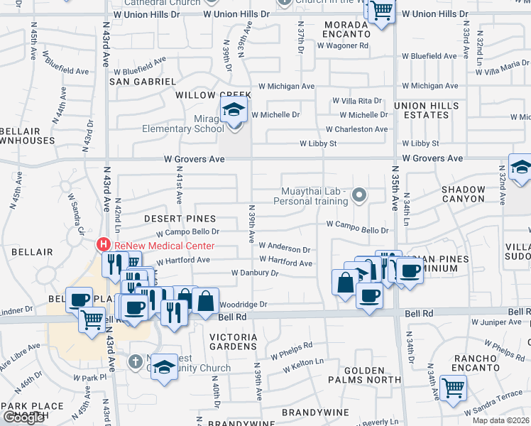 map of restaurants, bars, coffee shops, grocery stores, and more near 3837 West Angela Drive in Glendale