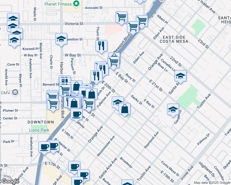map of restaurants, bars, coffee shops, grocery stores, and more near 144 East 20th Street in Costa Mesa