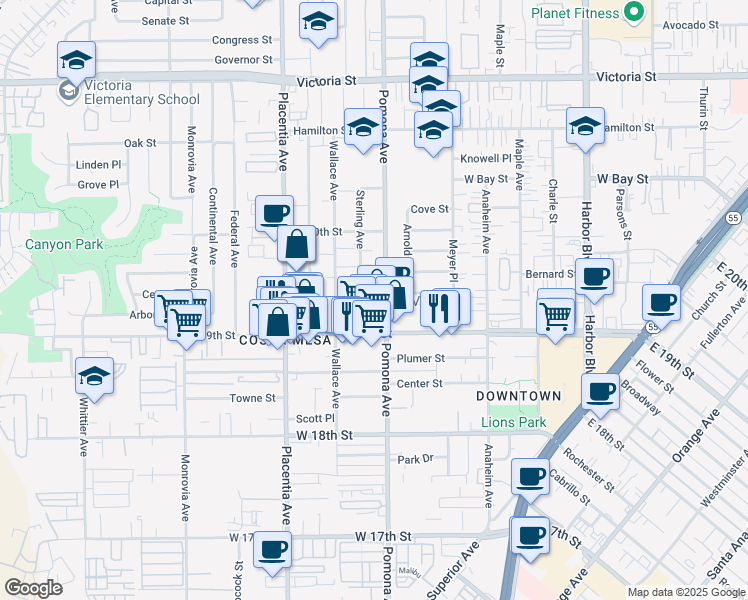 map of restaurants, bars, coffee shops, grocery stores, and more near 1941 Pomona Avenue in Costa Mesa