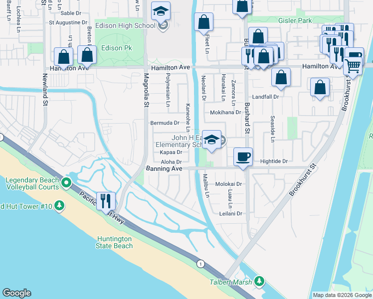 map of restaurants, bars, coffee shops, grocery stores, and more near 9192 Mahalo Drive in Huntington Beach