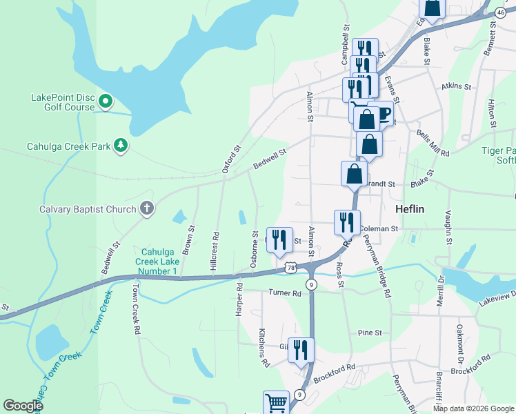 map of restaurants, bars, coffee shops, grocery stores, and more near 226 Osborne Street in Heflin