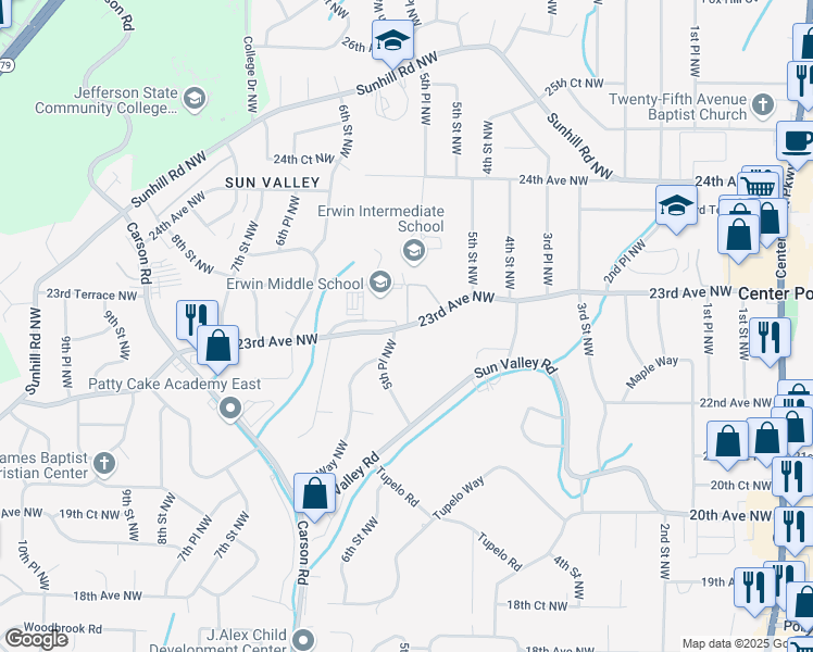 map of restaurants, bars, coffee shops, grocery stores, and more near 528 23rd Avenue Northwest in Center Point