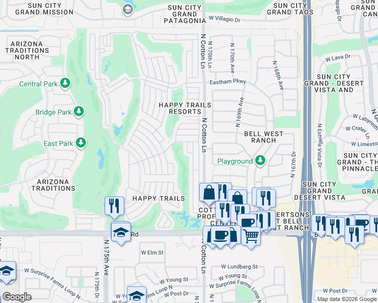 map of restaurants, bars, coffee shops, grocery stores, and more near 17200 W Bell Rd in Surprise