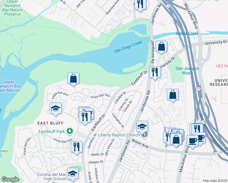 map of restaurants, bars, coffee shops, grocery stores, and more near 2981 Quedada in Newport Beach
