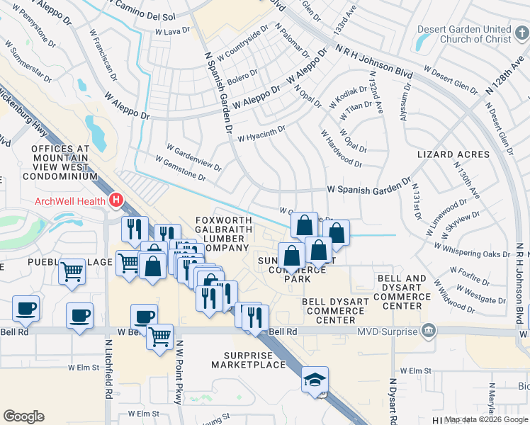 map of restaurants, bars, coffee shops, grocery stores, and more near 13544 West Gemstone Drive in Sun City West