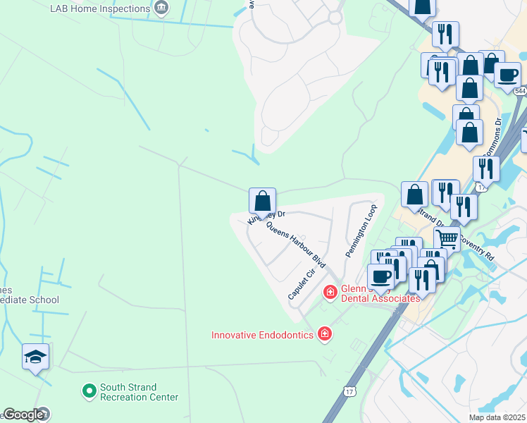 map of restaurants, bars, coffee shops, grocery stores, and more near 3701 Kingsley Drive in Myrtle Beach