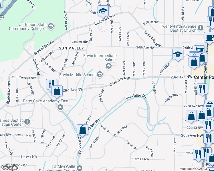 map of restaurants, bars, coffee shops, grocery stores, and more near 528 23rd Avenue Northwest in Center Point
