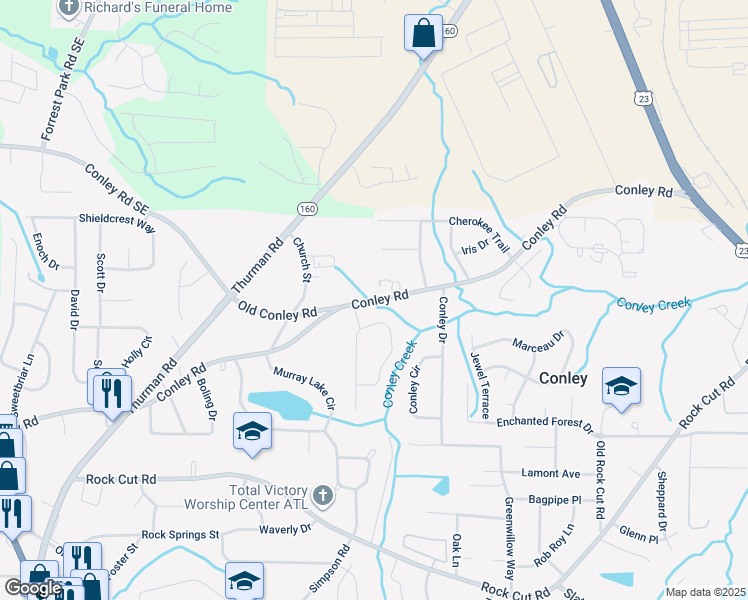 map of restaurants, bars, coffee shops, grocery stores, and more near 1389 Conley Road in Conley