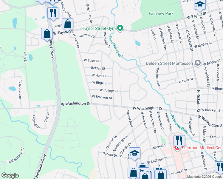 map of restaurants, bars, coffee shops, grocery stores, and more near 1702 West Birge Street in Sherman