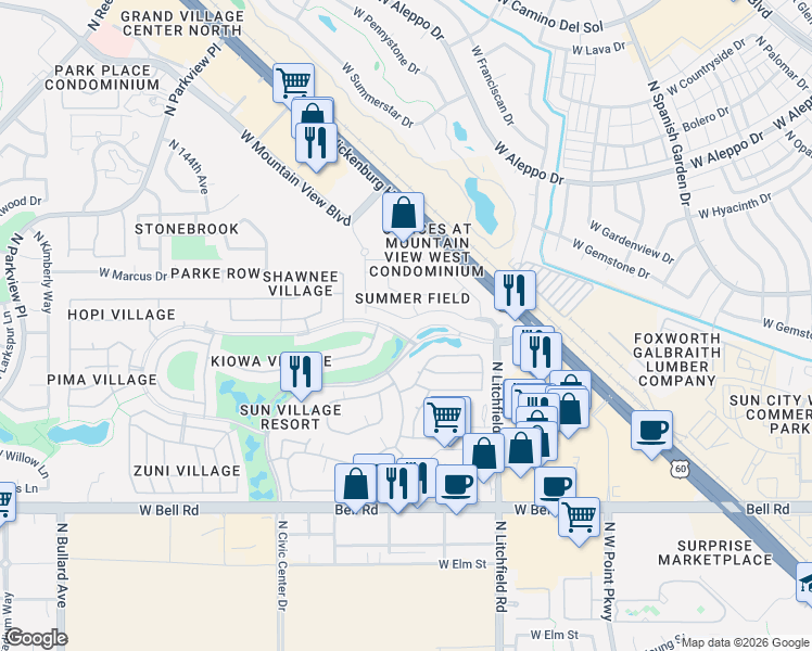 map of restaurants, bars, coffee shops, grocery stores, and more near 14074 West Two Guns Trail in Surprise
