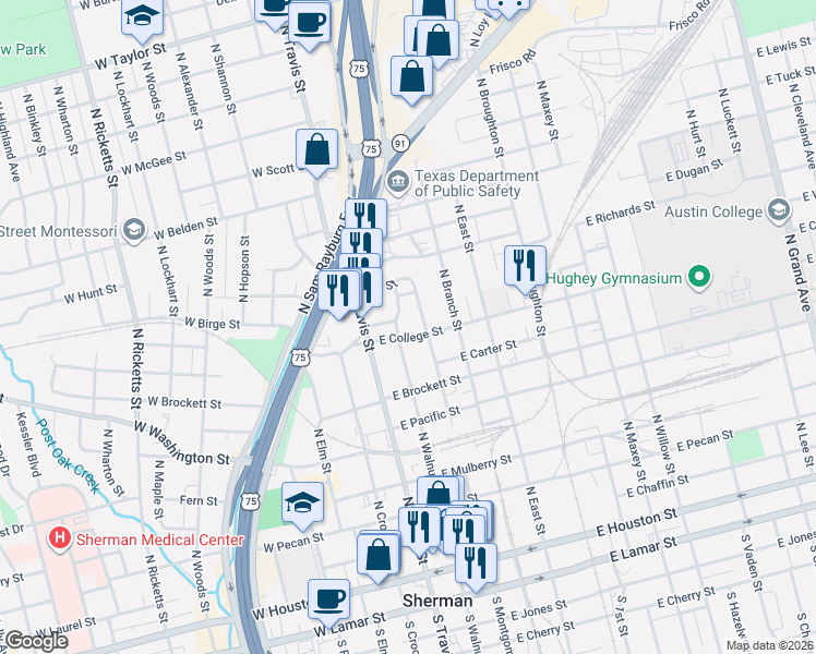 map of restaurants, bars, coffee shops, grocery stores, and more near 917 North Walnut Street in Sherman