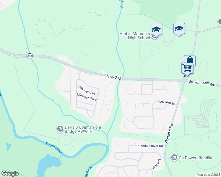 map of restaurants, bars, coffee shops, grocery stores, and more near 6174 Latchwood Court in Stonecrest