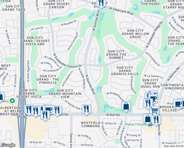 map of restaurants, bars, coffee shops, grocery stores, and more near 16023 West Vinewood Drive in Surprise