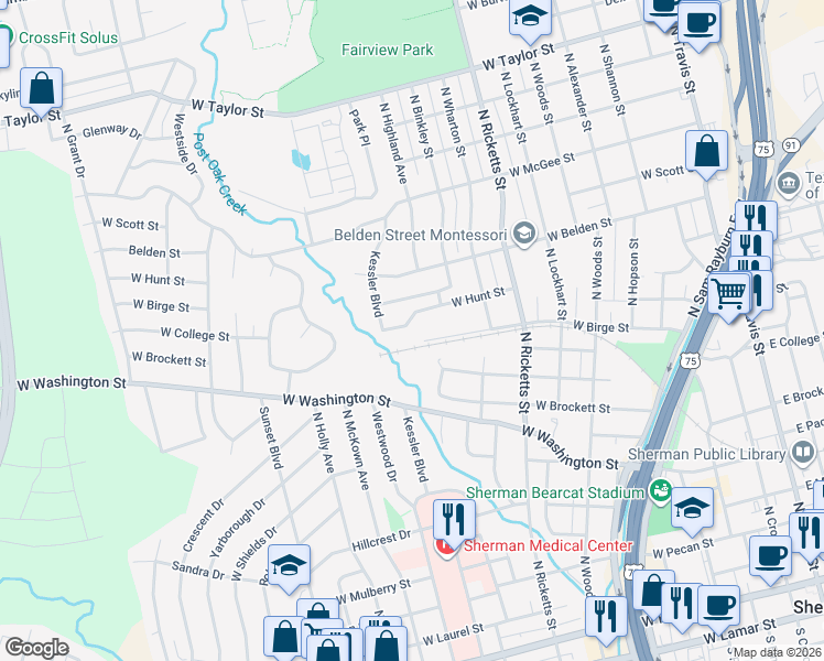 map of restaurants, bars, coffee shops, grocery stores, and more near 1211 1213 Hunt Street in Sherman