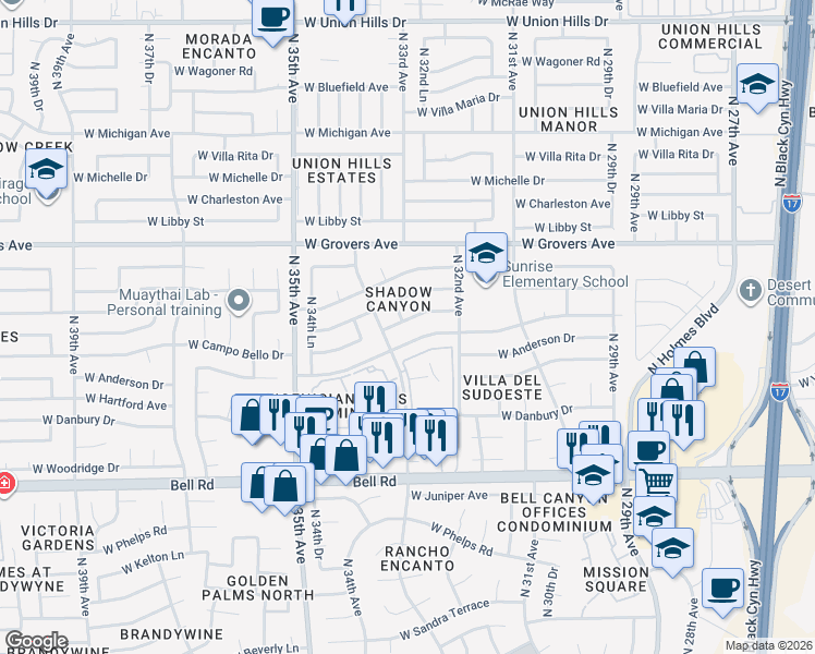 map of restaurants, bars, coffee shops, grocery stores, and more near 3243 West Helena Drive in Phoenix