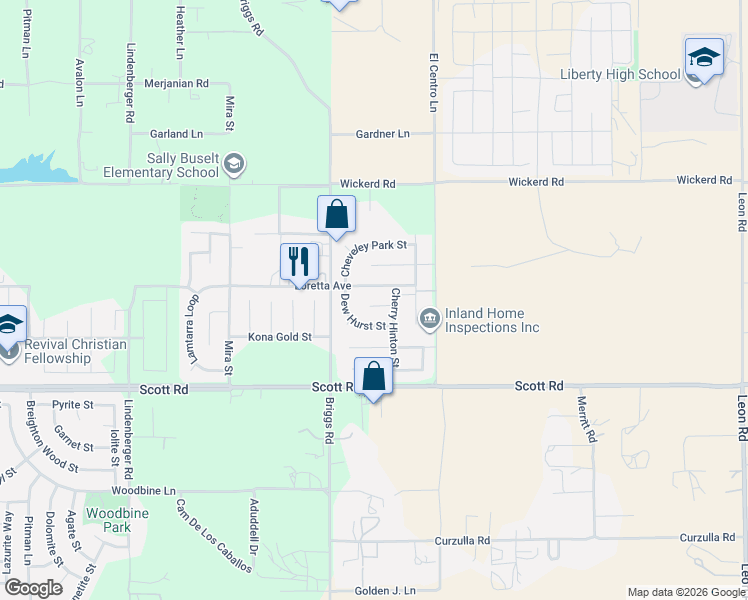 map of restaurants, bars, coffee shops, grocery stores, and more near 30153 Loretta Avenue in Menifee
