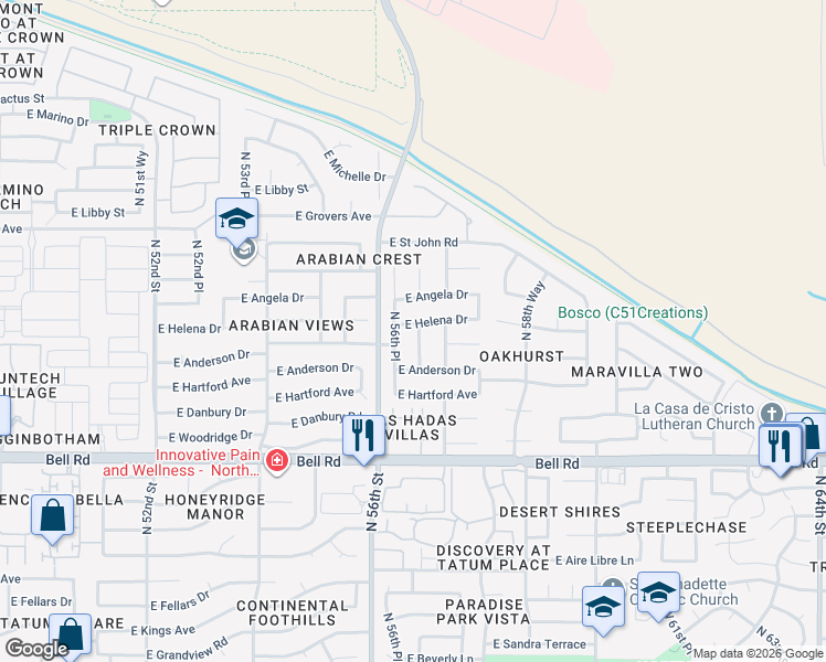 map of restaurants, bars, coffee shops, grocery stores, and more near 5632 East Helena Drive in Scottsdale