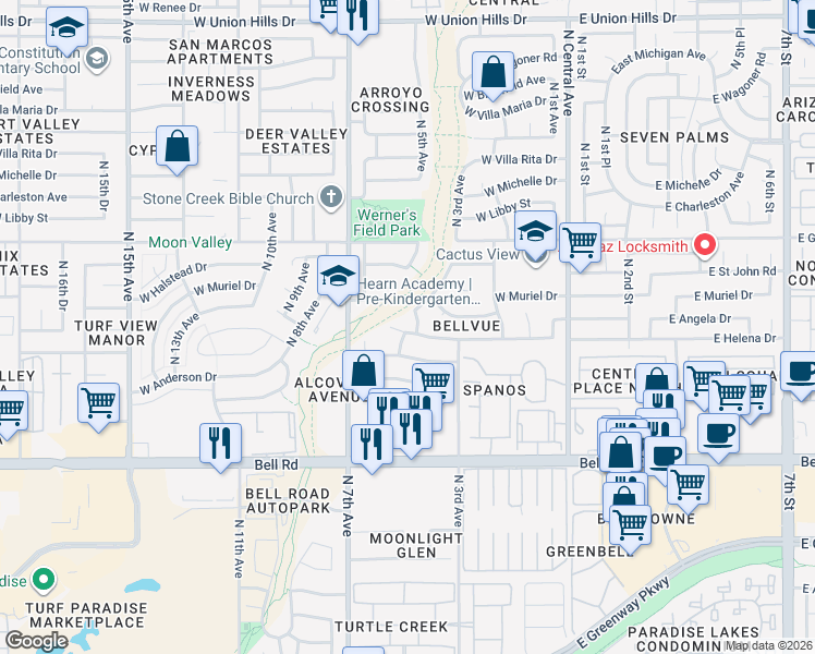 map of restaurants, bars, coffee shops, grocery stores, and more near 17429 North 4th Avenue in Phoenix