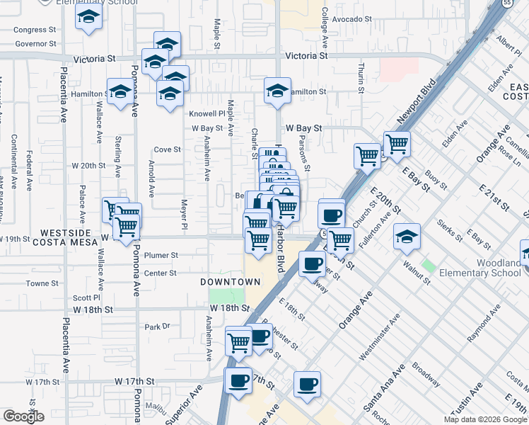 map of restaurants, bars, coffee shops, grocery stores, and more near 525 Fairfax Drive in Costa Mesa