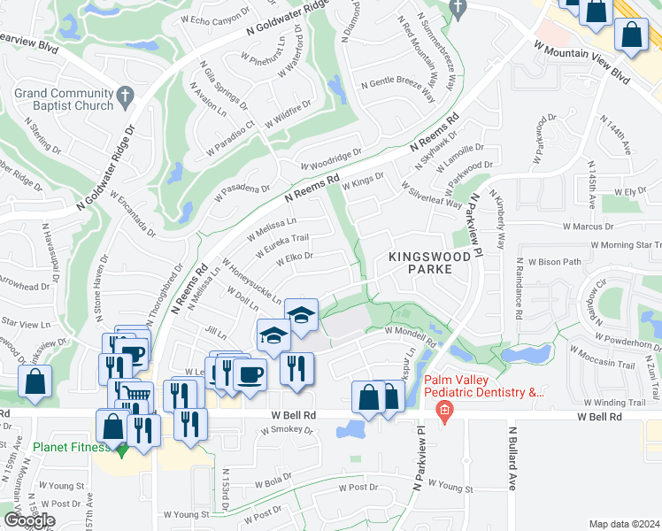 map of restaurants, bars, coffee shops, grocery stores, and more near 15118 West Evening Star Trail in Surprise
