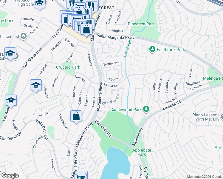 map of restaurants, bars, coffee shops, grocery stores, and more near in Mission Viejo