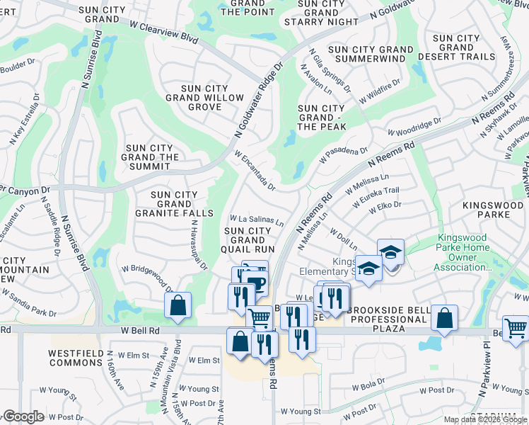 map of restaurants, bars, coffee shops, grocery stores, and more near 15525 West Camino Real Way in Surprise