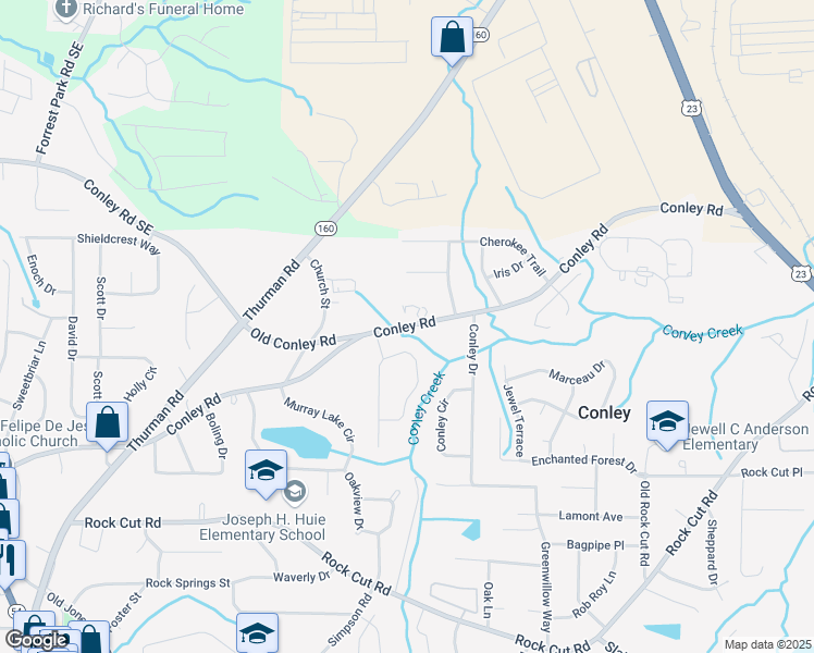map of restaurants, bars, coffee shops, grocery stores, and more near 1397 Conley Road in Conley