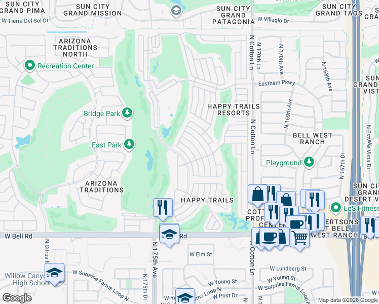 map of restaurants, bars, coffee shops, grocery stores, and more near 17550-17748 North Appaloosa in Surprise