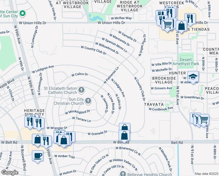 map of restaurants, bars, coffee shops, grocery stores, and more near 17626 North Calico Drive in Sun City