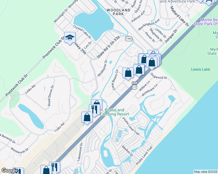map of restaurants, bars, coffee shops, grocery stores, and more near 404 Salt Kettle Bay Court in Myrtle Beach