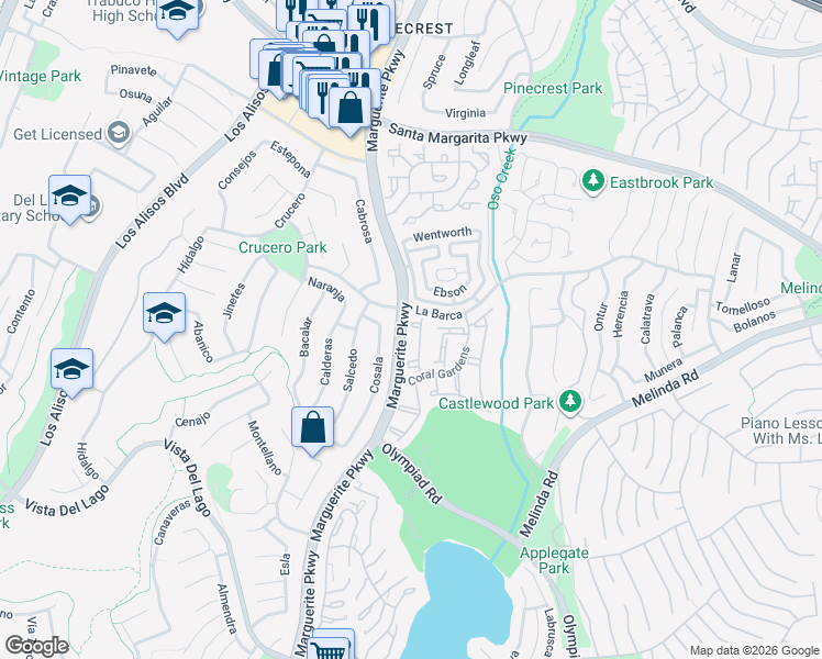map of restaurants, bars, coffee shops, grocery stores, and more near in Mission Viejo