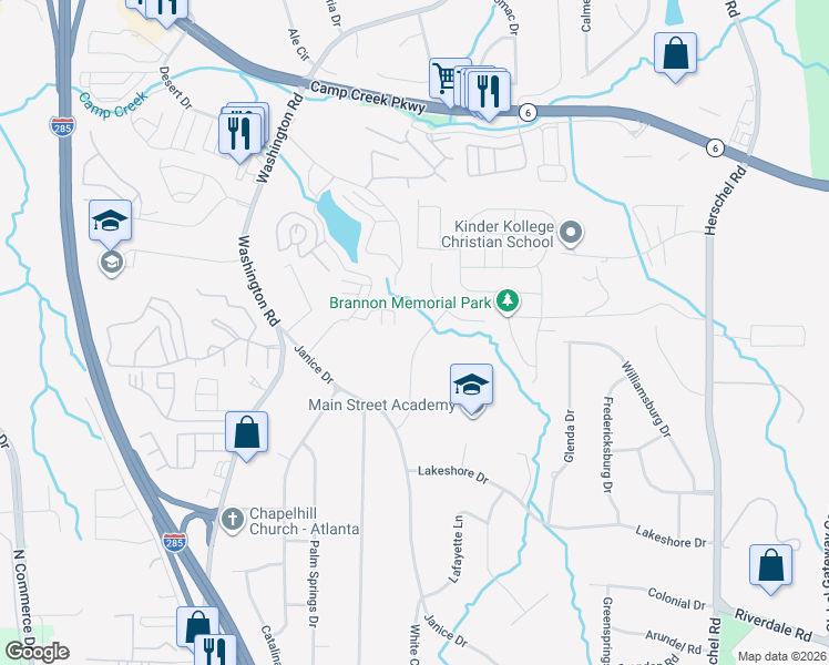 map of restaurants, bars, coffee shops, grocery stores, and more near 2875 Karen Road in Atlanta