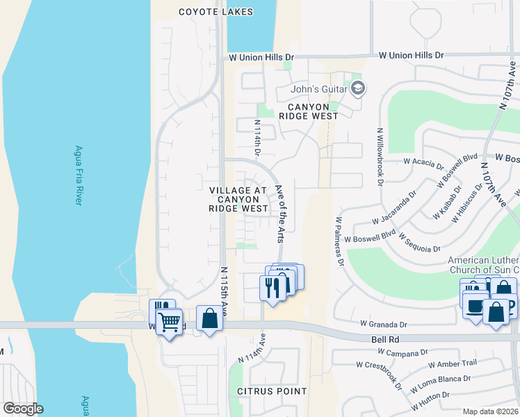 map of restaurants, bars, coffee shops, grocery stores, and more near 17783 North 114th Drive in Surprise