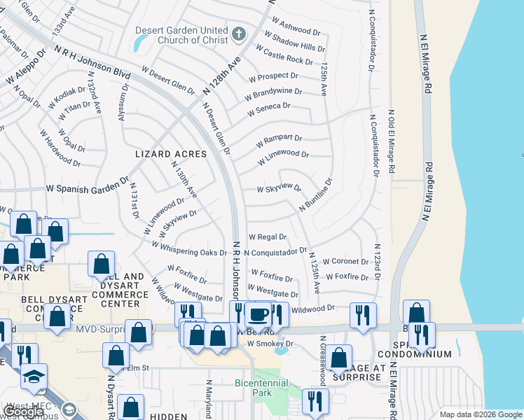 map of restaurants, bars, coffee shops, grocery stores, and more near 12627 West Butterfield Drive in Sun City West